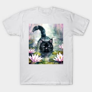 Black cat, blue water: Cat Monet T-Shirt